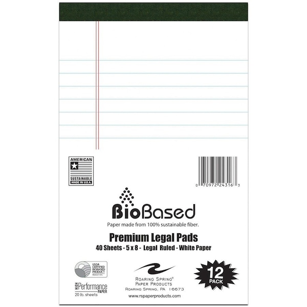 Legal Pad, 20 lb, 40-Sheet, Legal, 5"x8", 12/PK, White 12PK